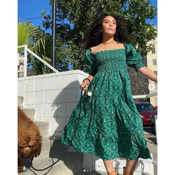 HILL HOUSE The Ellie Nap Dress Emerald Trellis Green Floral Sz XS $178 {3M3} - Picture 2 of 8